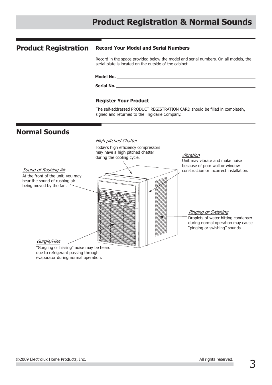 Product registration & normal sounds, Product registration, Normal sounds | FRIGIDAIRE FRA123KT1 User Manual | Page 3 / 11