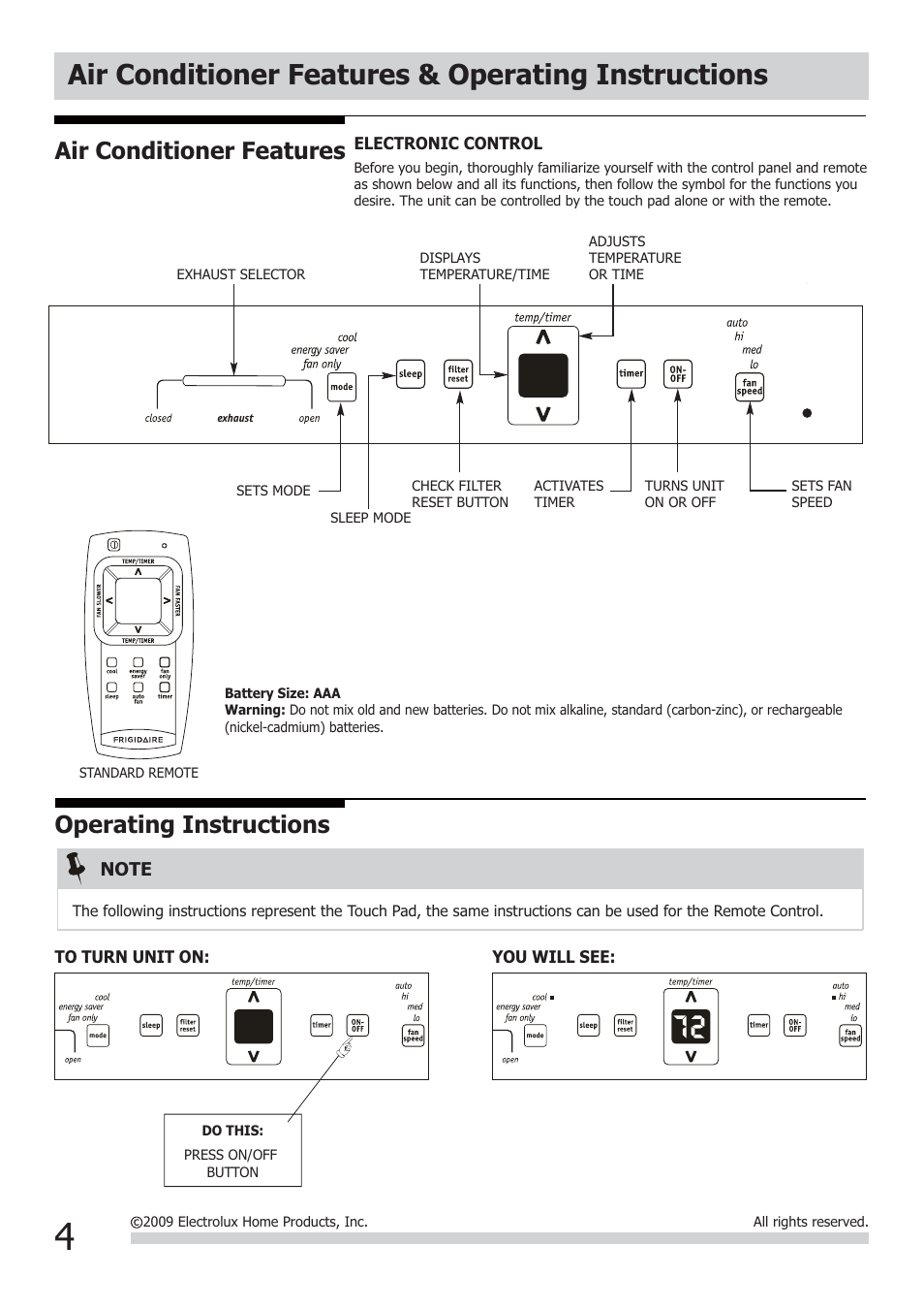 Air conditioner features & operating instructions, Air conditioner features, Operating instructions | FRIGIDAIRE FRA123KT1 User Manual | Page 4 / 11