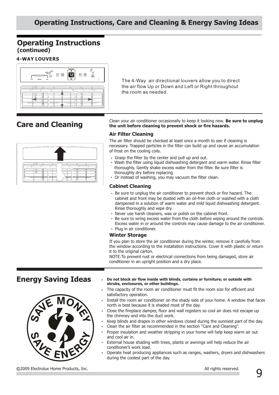 Energy saving ideas, Care and cleaning, Operating instructions | FRIGIDAIRE FRA123KT1 User Manual | Page 9 / 11