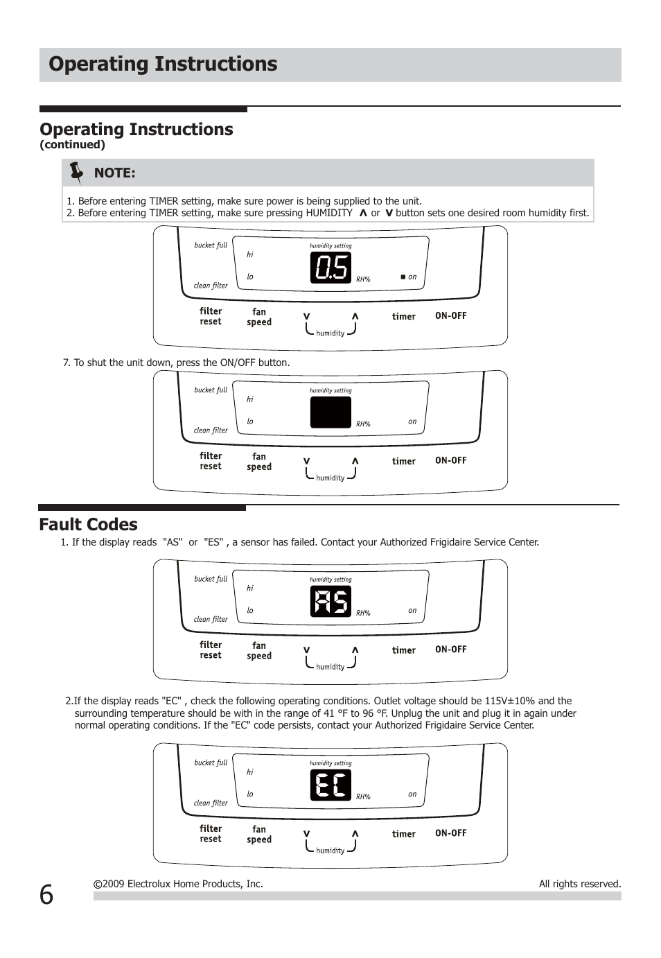 Operating instructions, Fault codes | FRIGIDAIRE FAD704DWD User Manual | Page 6 / 10