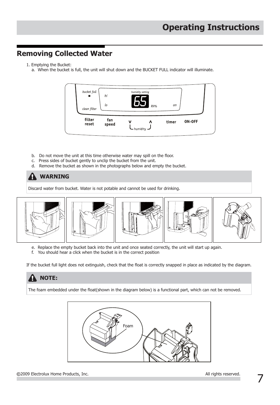 Operating instructions, Removing collected water | FRIGIDAIRE FAD704DWD User Manual | Page 7 / 10