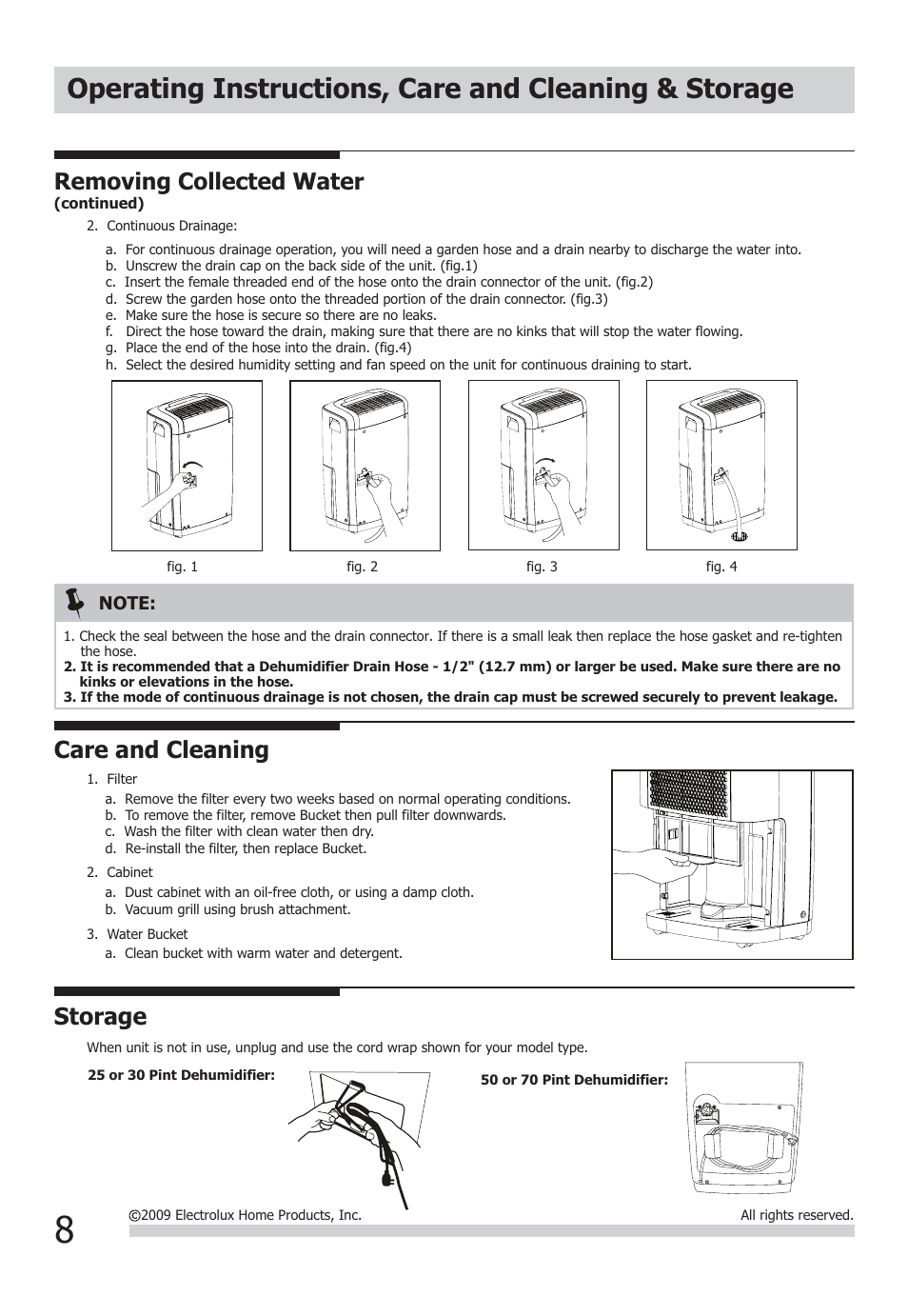 Care and cleaning, Storage, Removing collected water | FRIGIDAIRE FAD704DWD User Manual | Page 8 / 10