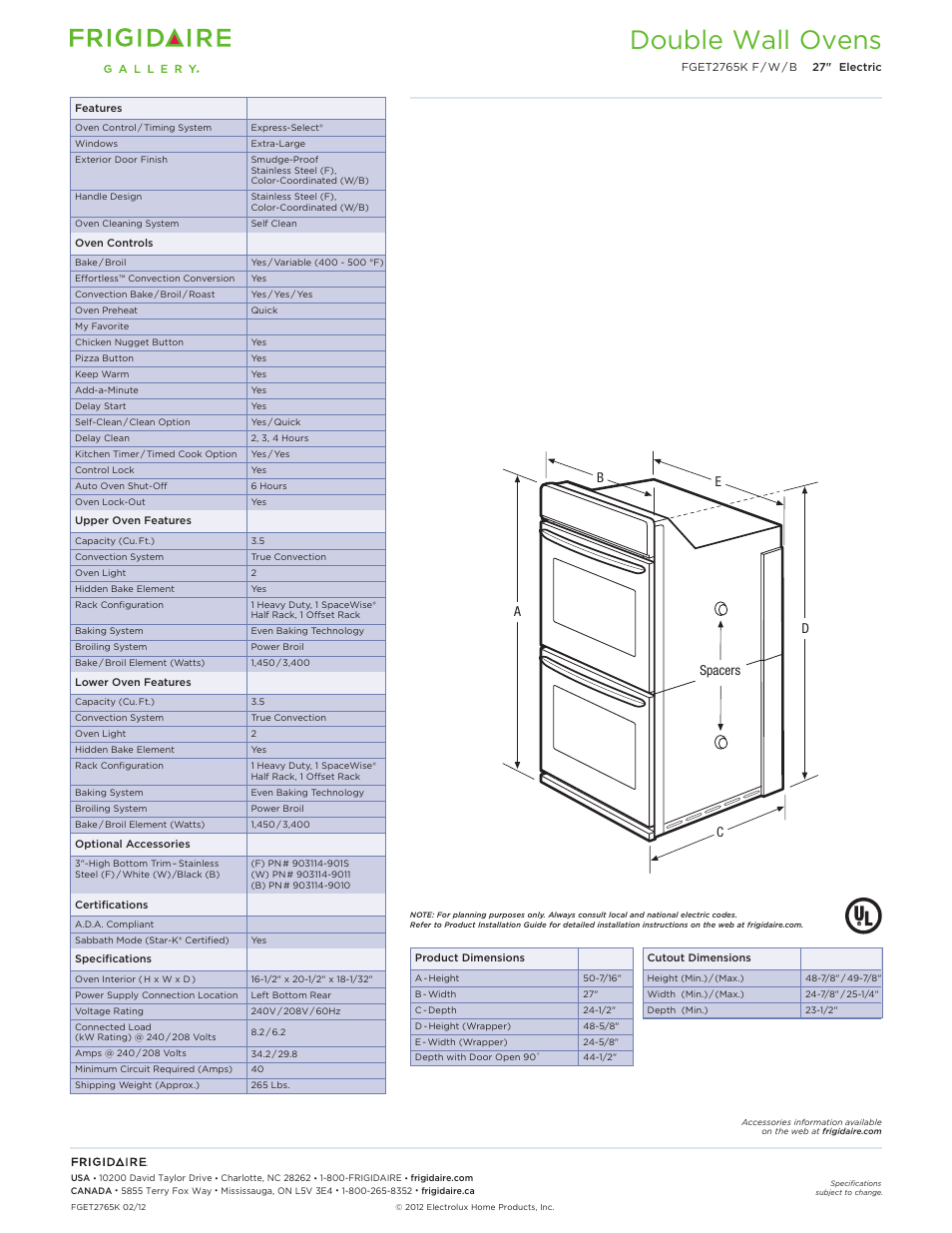 Double electric wall ovens frigidaire baseline, Double wall ovens | FRIGIDAIRE FGET2765KB User Manual | Page 2 / 6