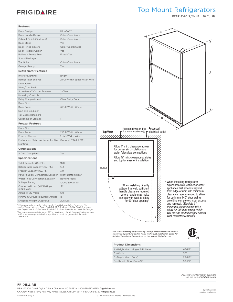 Top mount refrigerators frigidaire baseline, Top mount refrigerators | FRIGIDAIRE FFTR1814QS User Manual | Page 2 / 3