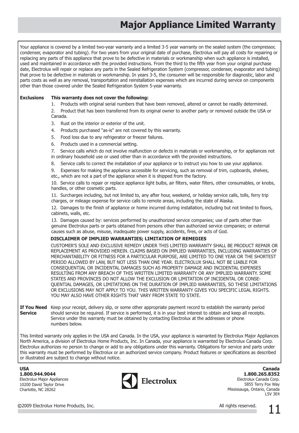 Major appliance limited warranty | FRIGIDAIRE FFRA0522Q1 User Manual | Page 11 / 11