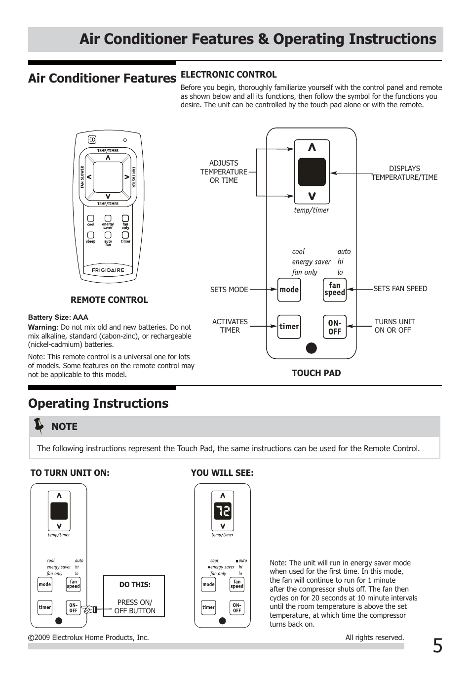 Air conditioner features & operating instructions, Air conditioner features, Operating instructions | FRIGIDAIRE FFRA0522Q1 User Manual | Page 5 / 11