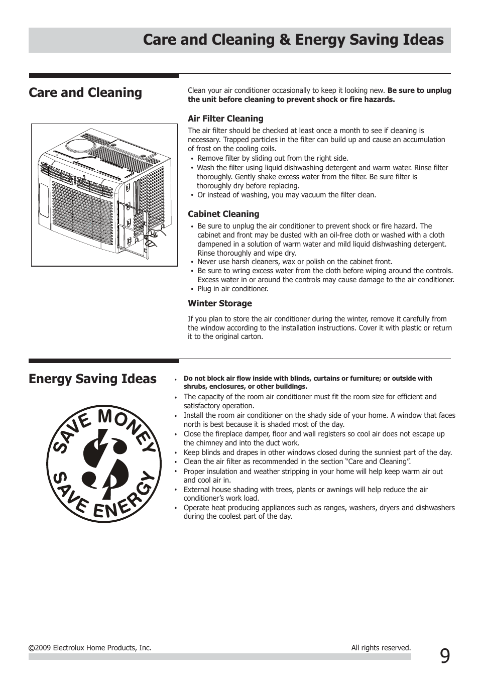 Care and cleaning & energy saving ideas, Energy saving ideas, Care and cleaning | FRIGIDAIRE FFRA0522Q1 User Manual | Page 9 / 11