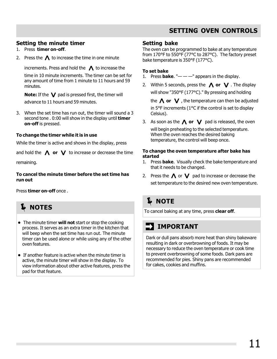 Setting oven controls, Important | FRIGIDAIRE FFGF3011LW User Manual | Page 11 / 20