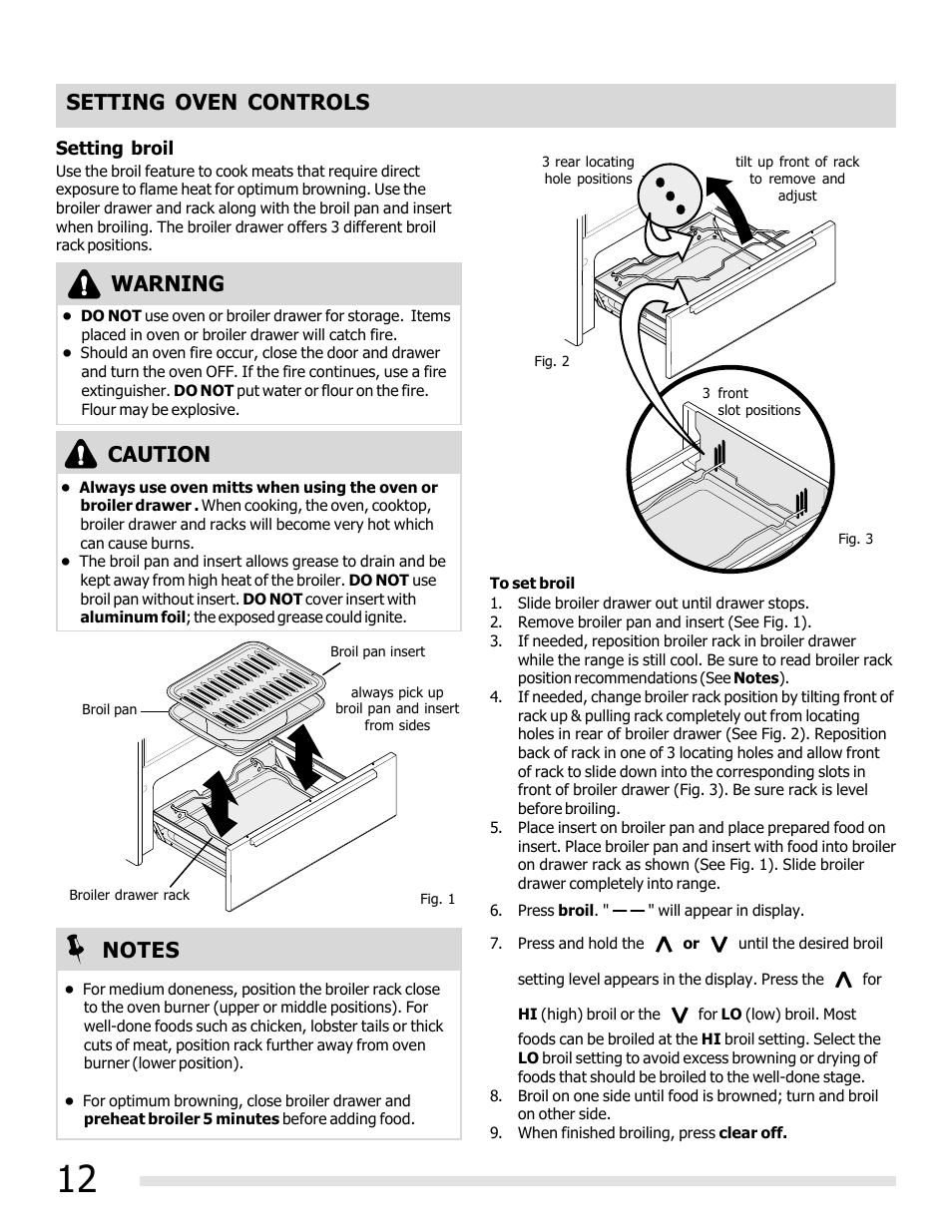 Setting oven controls, Caution warning | FRIGIDAIRE FFGF3011LW User Manual | Page 12 / 20