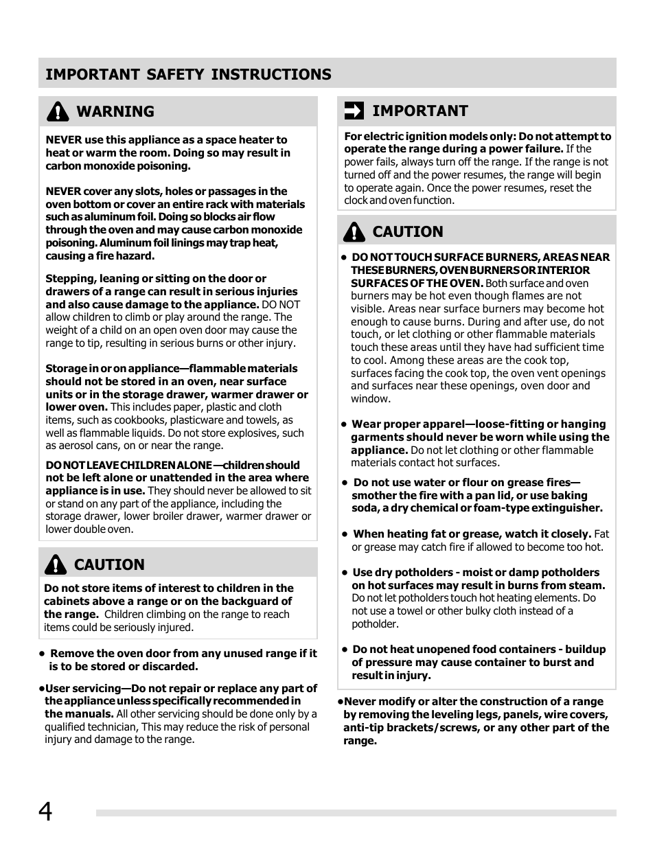 Important safety instructions, Important warning, Caution | FRIGIDAIRE FFGF3011LW User Manual | Page 4 / 20