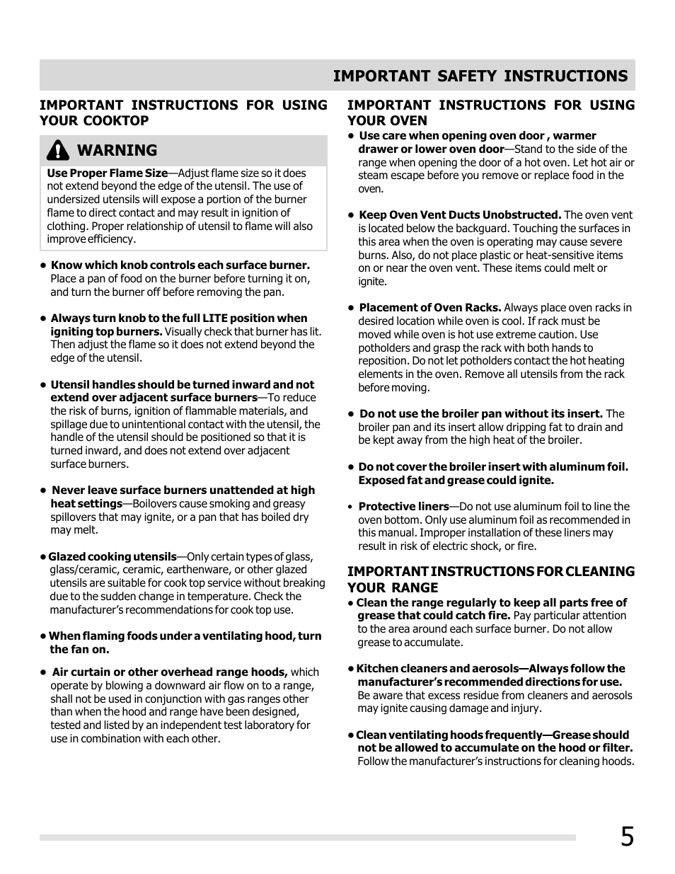 Important safety instructions, Warning | FRIGIDAIRE FFGF3011LW User Manual | Page 5 / 20