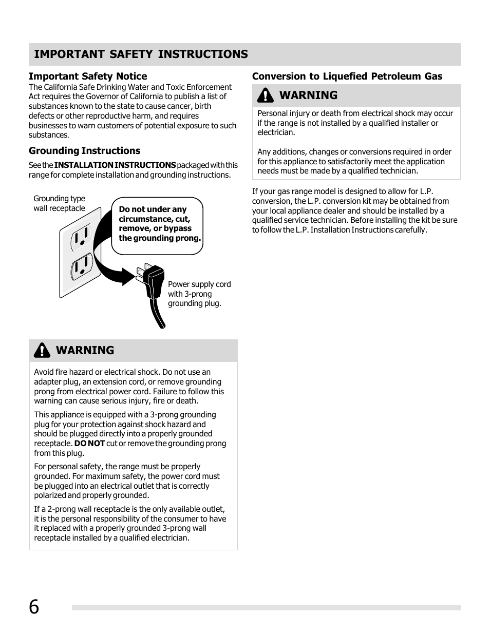 Important safety instructions, Warning | FRIGIDAIRE FFGF3011LW User Manual | Page 6 / 20