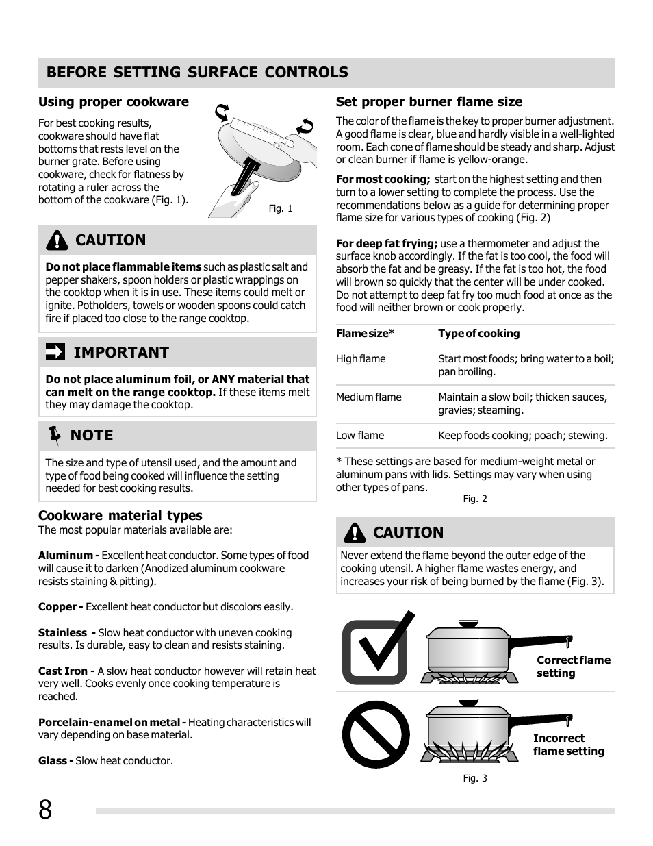 Before setting surface controls, Caution, Caution important | FRIGIDAIRE FFGF3011LW User Manual | Page 8 / 20