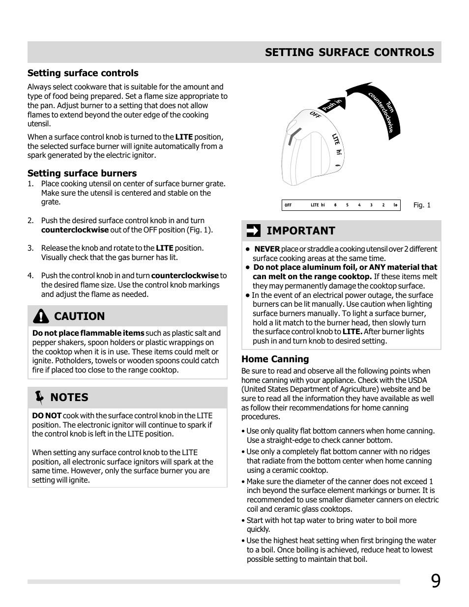 Setting surface controls, Caution | FRIGIDAIRE FFGF3011LW User Manual | Page 9 / 20