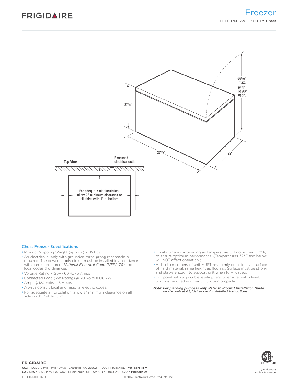 7 cu. ft. chest freezers_k models frigidaire, Freezer | FRIGIDAIRE FFFC07M1QW User Manual | Page 3 / 3