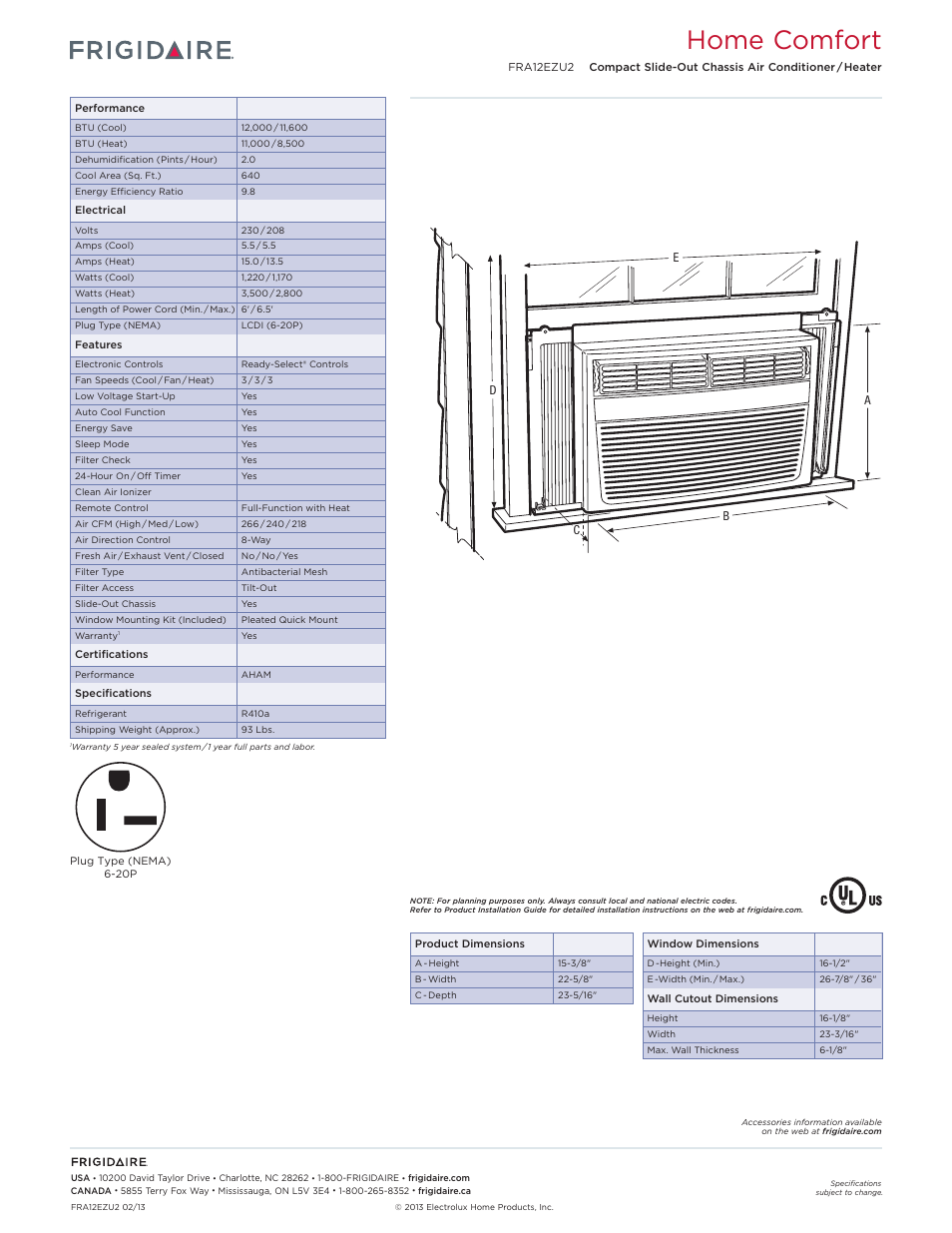 Rac compact models_window frigidaire baseline, Home comfort | FRIGIDAIRE FRA12EZU2 User Manual | Page 2 / 2