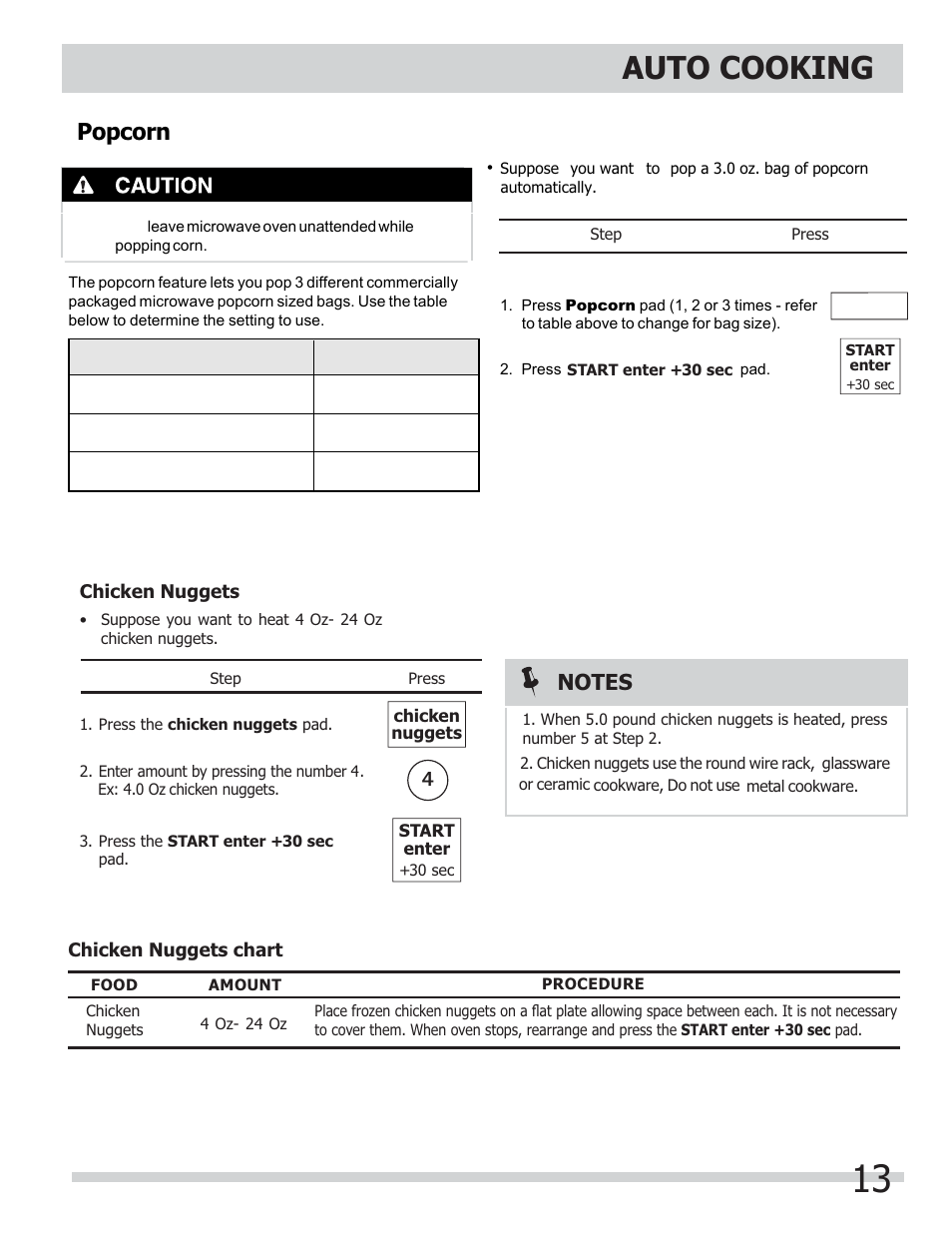 Auto cooking, Popcorn | FRIGIDAIRE FGMV153CLW User Manual | Page 13 / 32