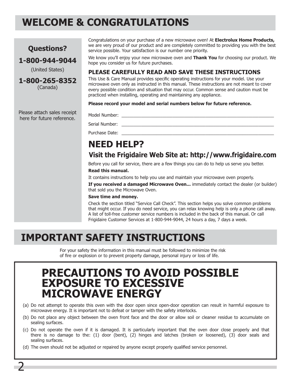 Important safety instructions, Need help | FRIGIDAIRE FGMV153CLW User Manual | Page 2 / 32