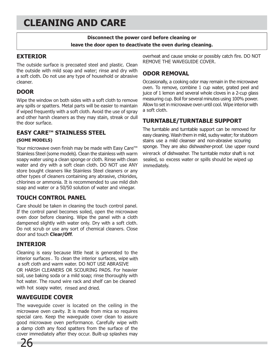 Cleaning and care | FRIGIDAIRE FGMV153CLW User Manual | Page 26 / 32