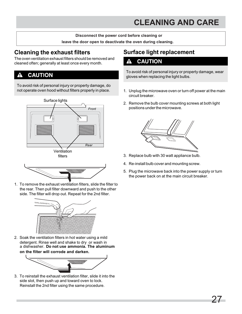 Cleaning and care, Cleaning the exhaust filters, Surface light replacement | FRIGIDAIRE FGMV153CLW User Manual | Page 27 / 32