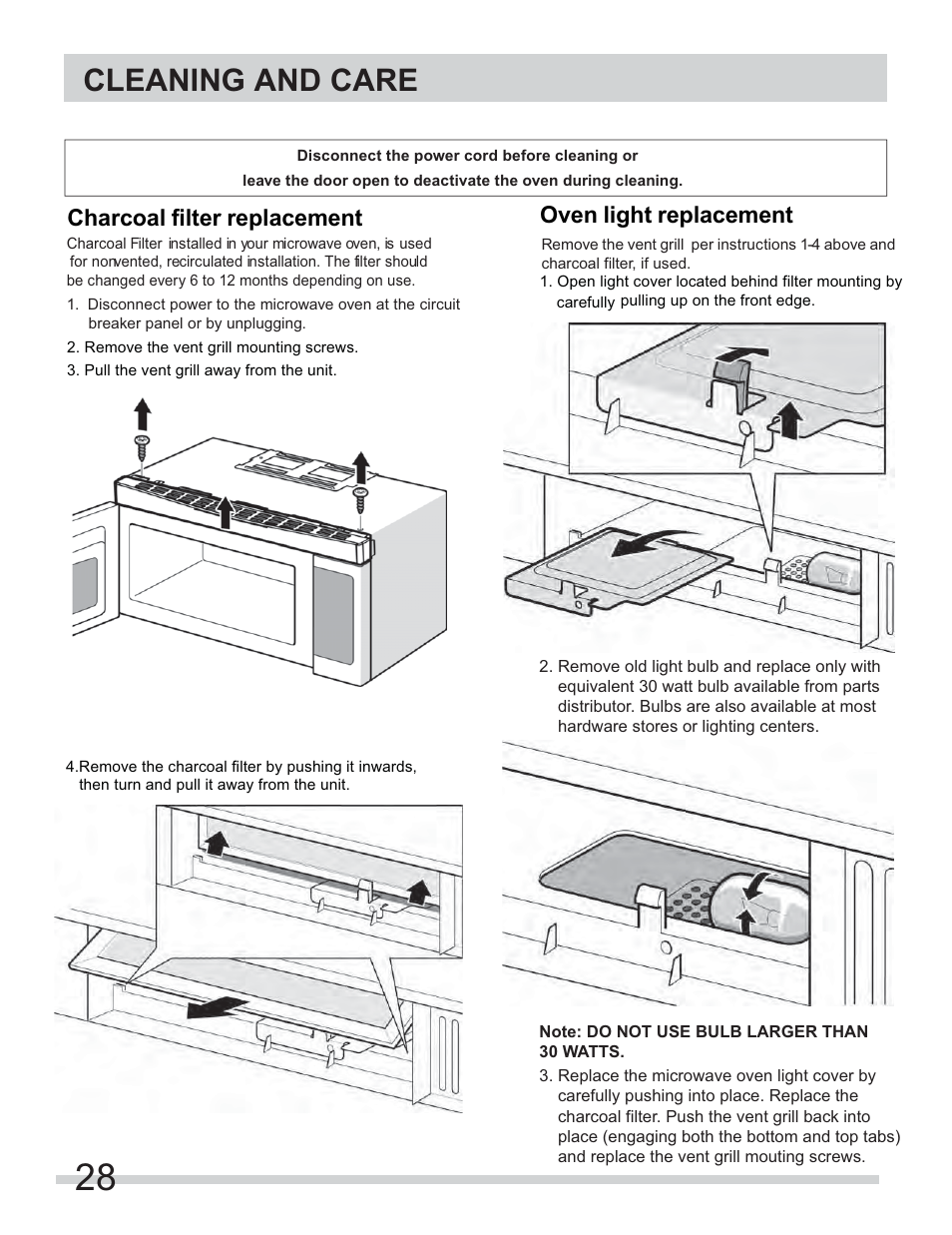 Cleaning and care, Charcoal filter replacement oven light replacement | FRIGIDAIRE FGMV153CLW User Manual | Page 28 / 32