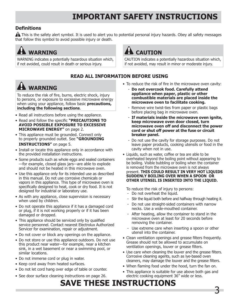Important safety instructions, Save these instructions, Warning | Caution | FRIGIDAIRE FGMV153CLW User Manual | Page 3 / 32
