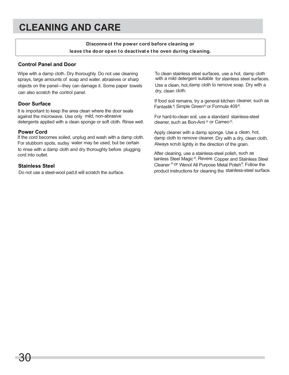 Cleaning and care | FRIGIDAIRE FGMV153CLW User Manual | Page 30 / 32