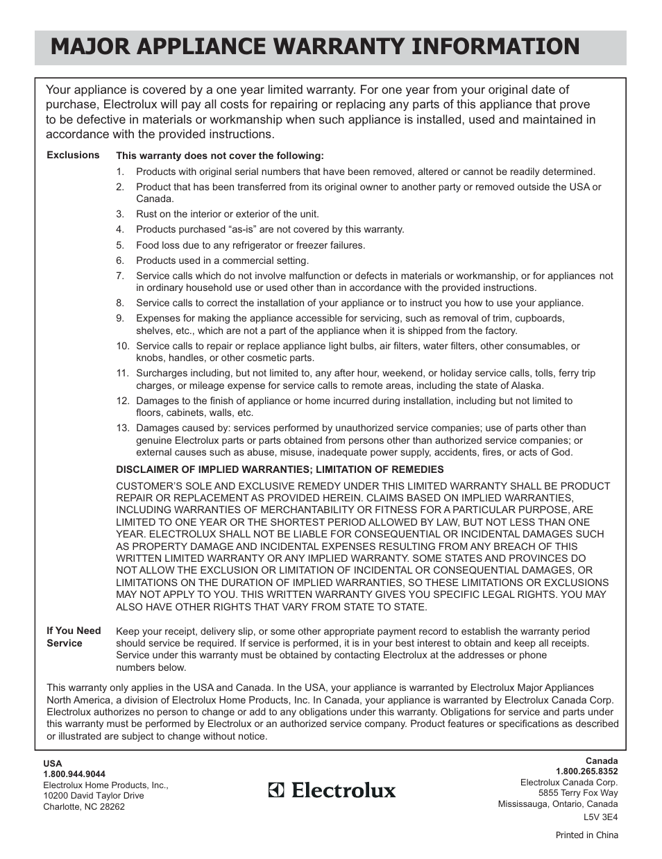 Major appliance warranty information | FRIGIDAIRE FGMV153CLW User Manual | Page 32 / 32