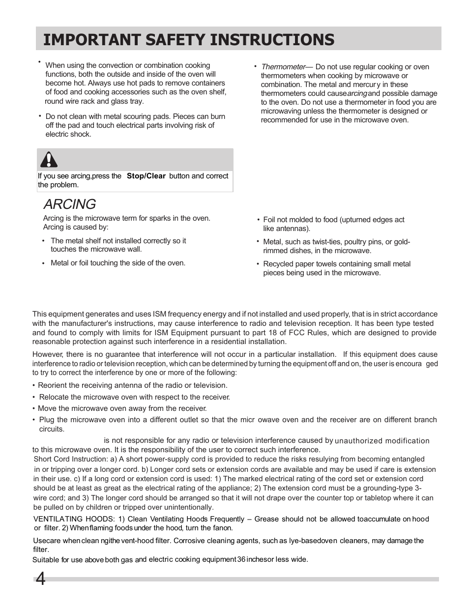 Important safety instructions, Arcing, Warning | FRIGIDAIRE FGMV153CLW User Manual | Page 4 / 32
