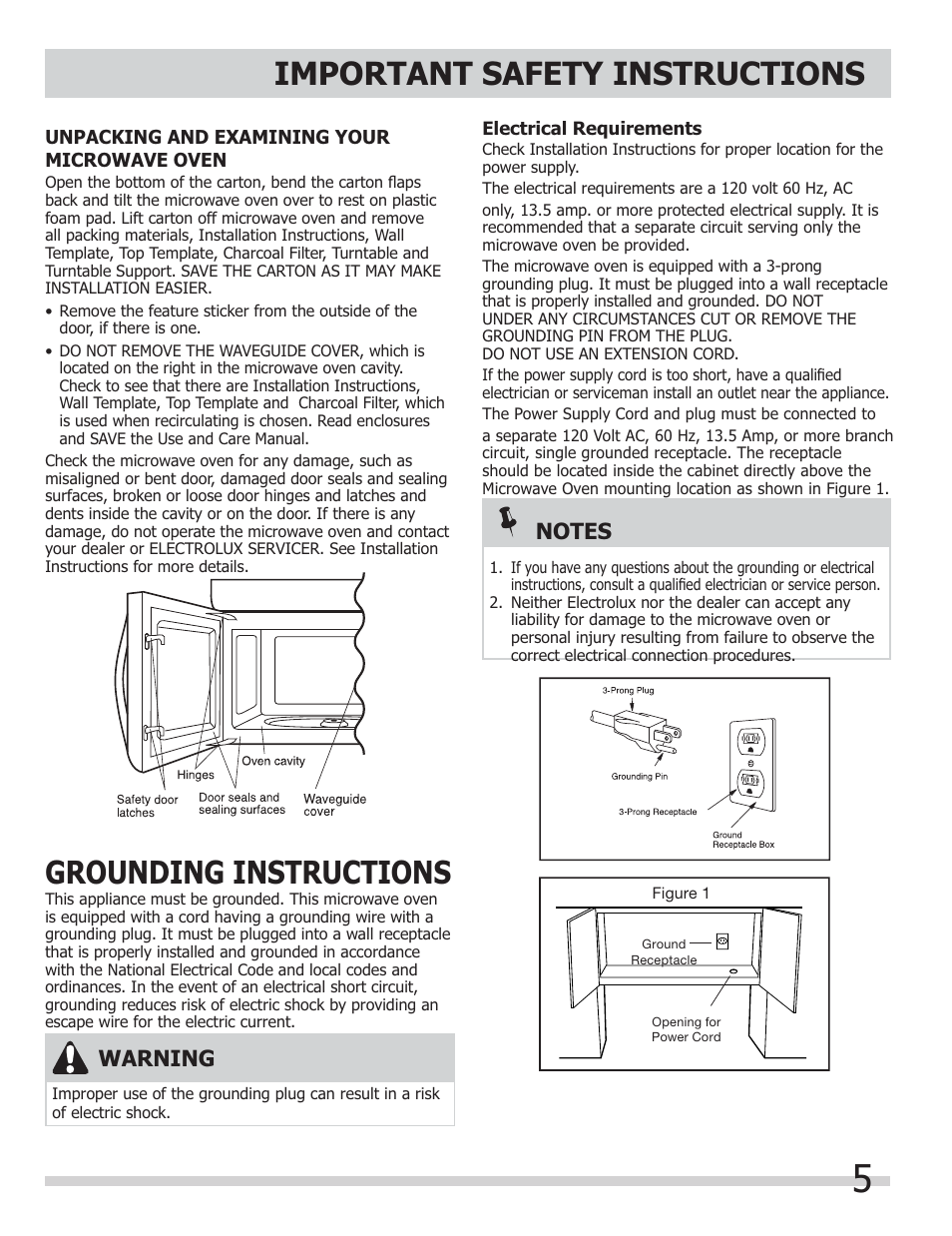 Important safety instructions, Grounding instructions, Warning | FRIGIDAIRE FGMV153CLW User Manual | Page 5 / 32
