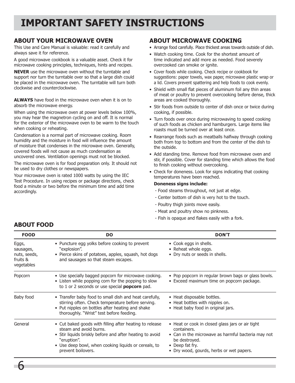 Important safety instructions, About your microwave oven, About microwave cooking | About food | FRIGIDAIRE FGMV153CLW User Manual | Page 6 / 32
