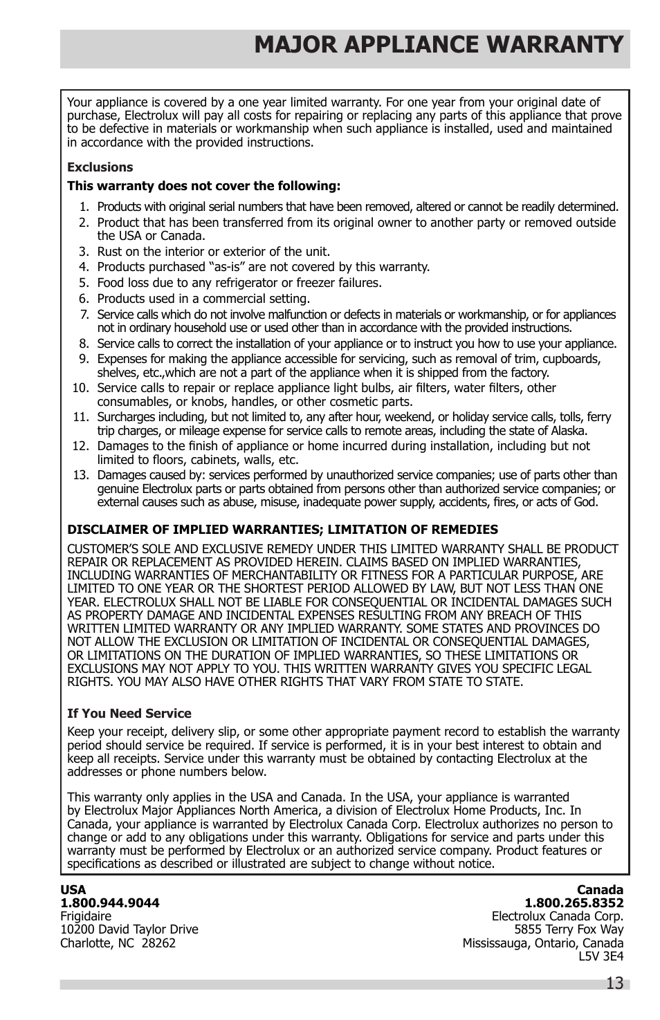 Major appliance warranty | FRIGIDAIRE FFHT1514QS User Manual | Page 13 / 13