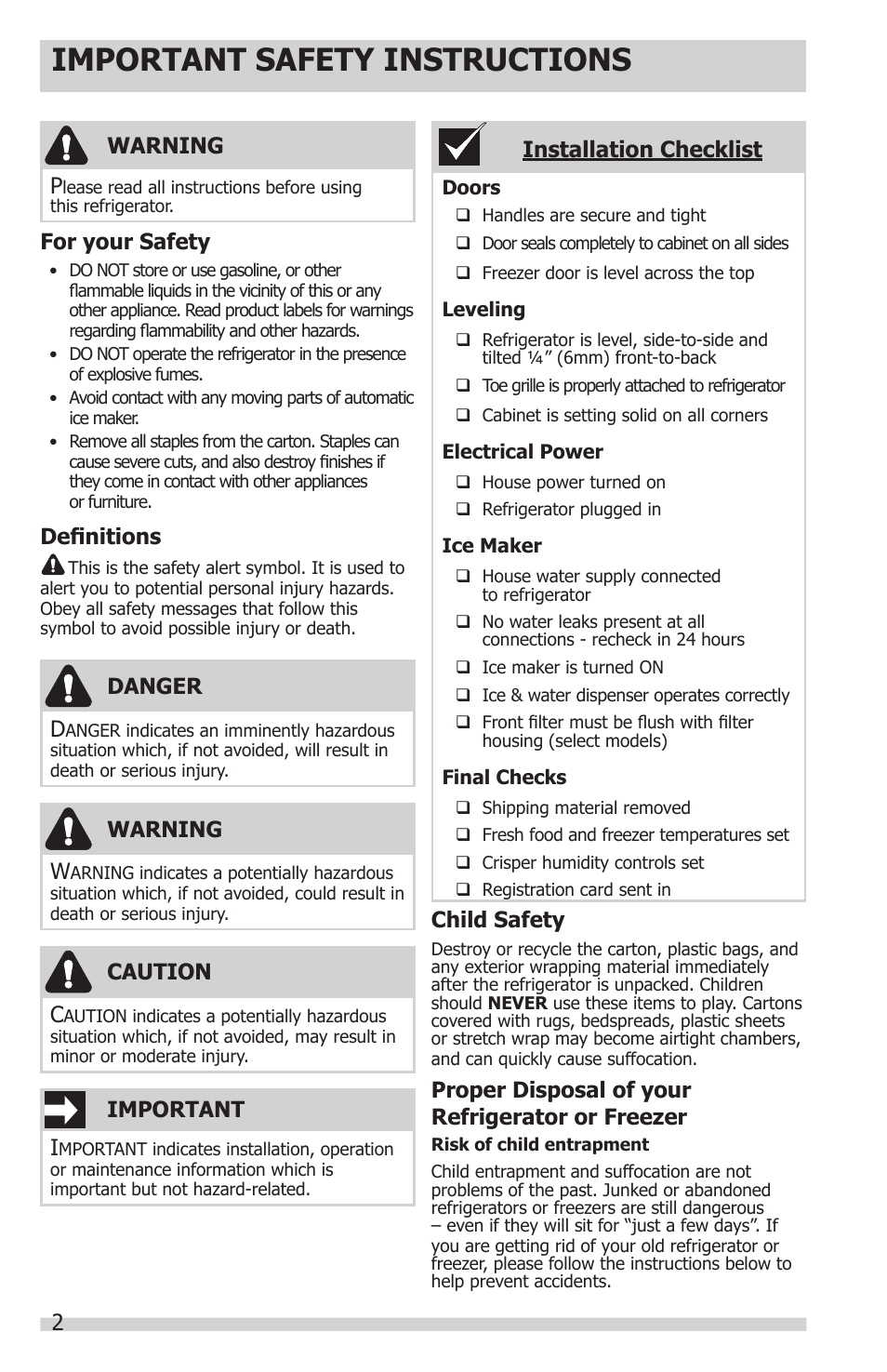 Important safety instructions, Installation checklist, Warning p | Warning, Important, Danger, Definitions, Caution, For your safety, Child safety | FRIGIDAIRE FFHT1514QS User Manual | Page 2 / 13
