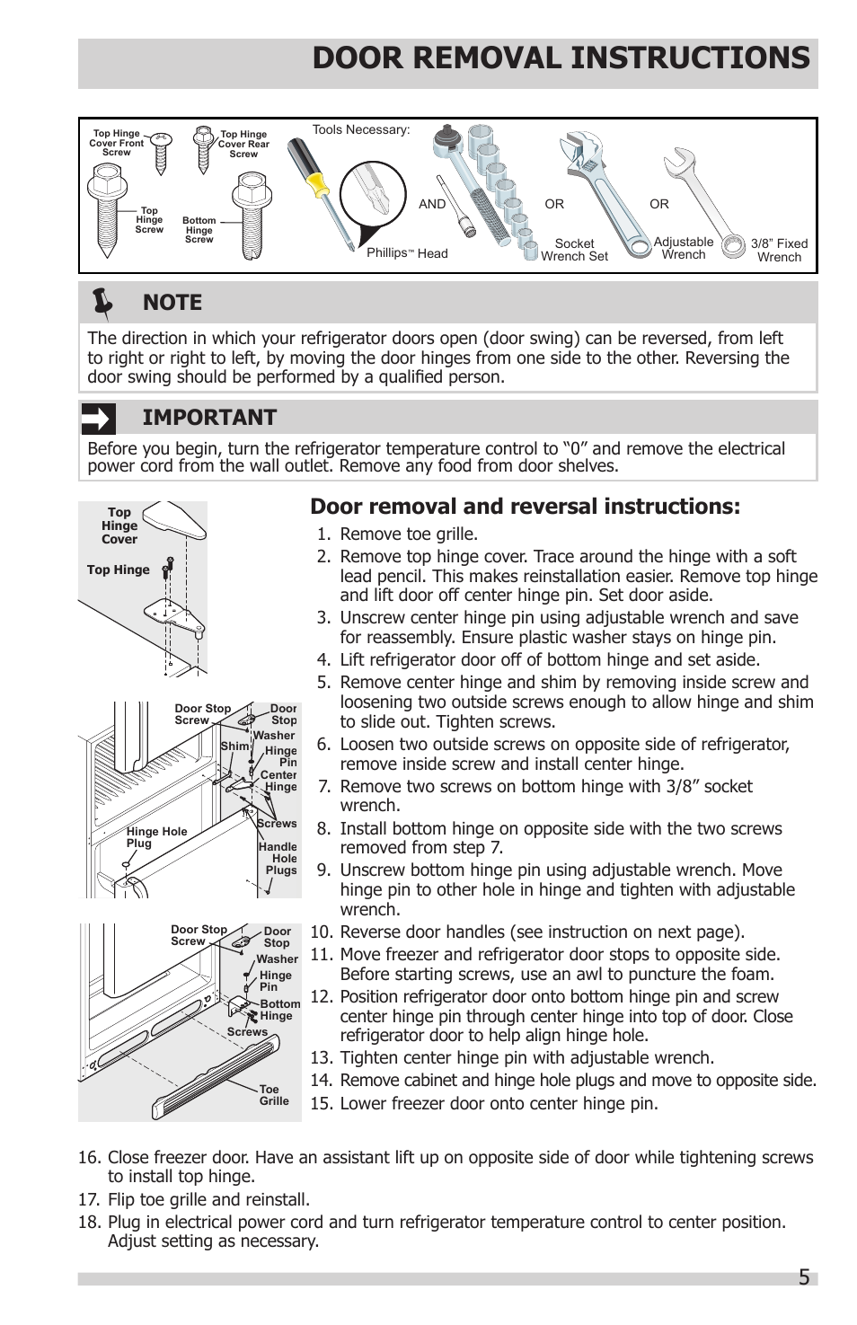 Door removal instructions, Door removal and reversal instructions, Important | FRIGIDAIRE FFHT1514QS User Manual | Page 5 / 13