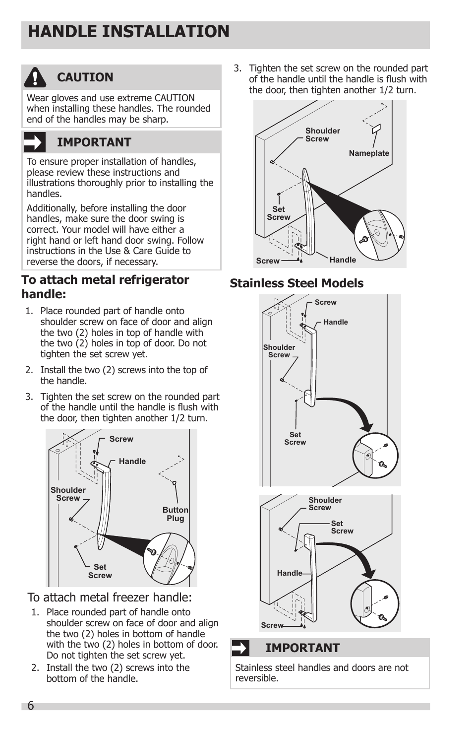 Handle installation, 6important, Important | Caution, Stainless steel models | FRIGIDAIRE FFHT1514QS User Manual | Page 6 / 13