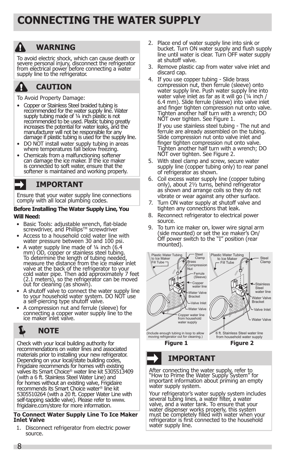 Connecting the water supply, Warning, Caution | Important | FRIGIDAIRE FFHT1514QS User Manual | Page 8 / 13