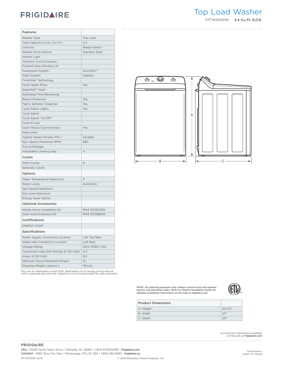 Top load washer | FRIGIDAIRE FFTW1001PW User Manual | Page 2 / 3