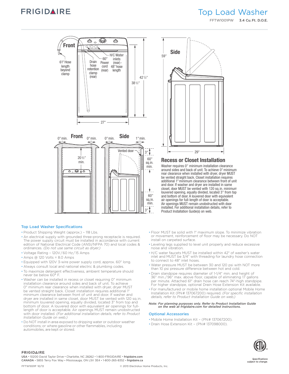 Top load washer, Recess or closet installation, Front | Side | FRIGIDAIRE FFTW1001PW User Manual | Page 3 / 3