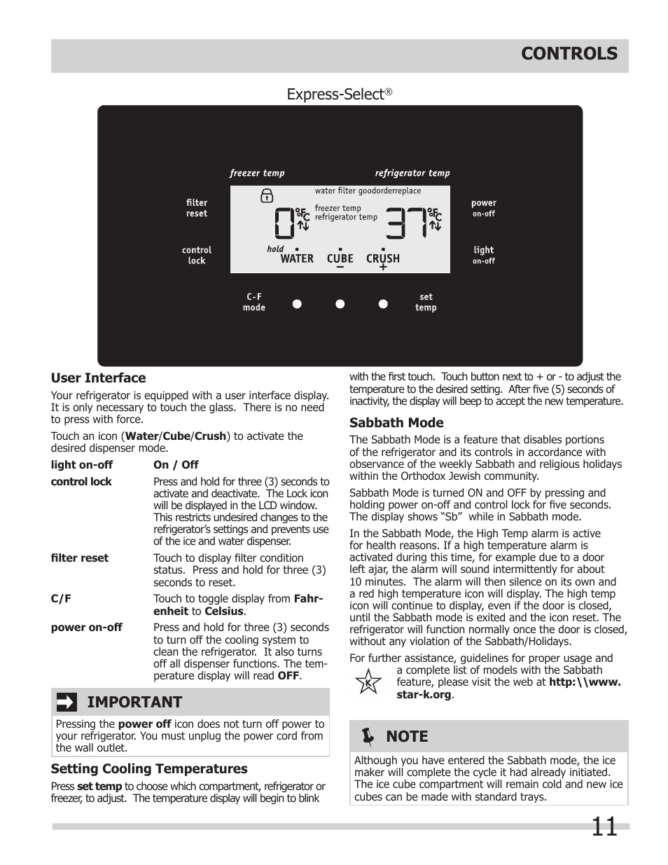 Controls, Express-select, Important | FRIGIDAIRE FGUS2645LF User Manual | Page 11 / 20