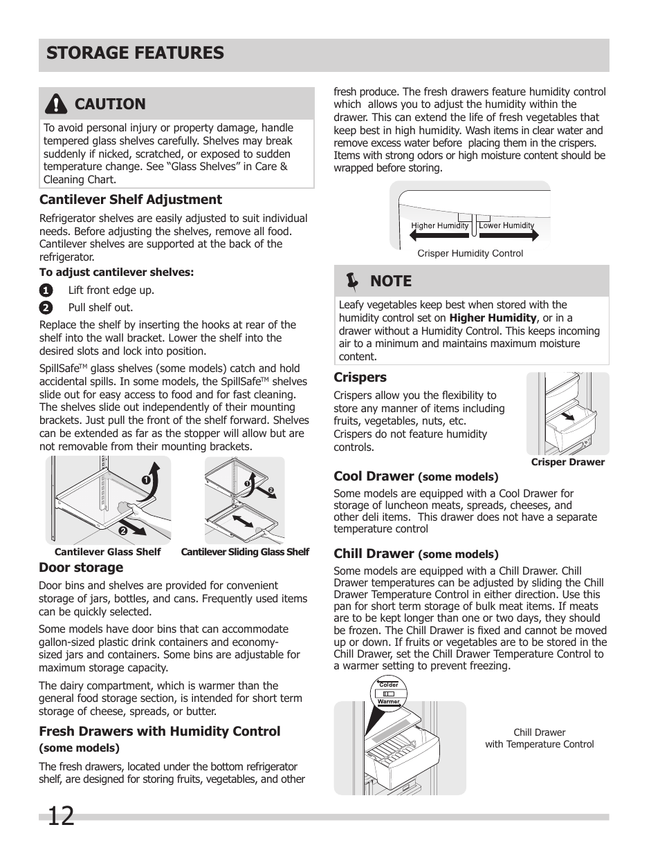 Storage features, Caution | FRIGIDAIRE FGUS2645LF User Manual | Page 12 / 20