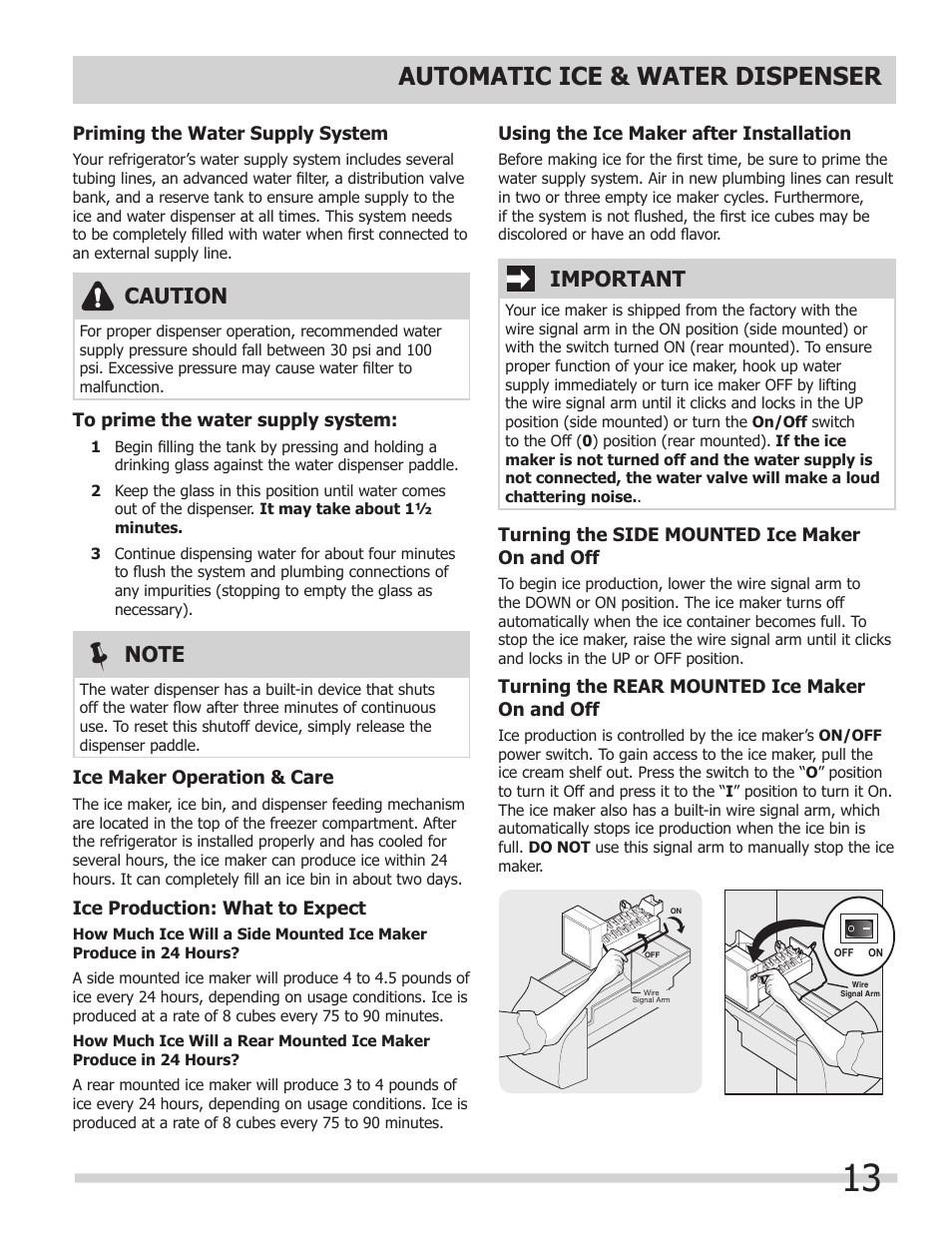 Automatic ice & water dispenser, Caution, Important | FRIGIDAIRE FGUS2645LF User Manual | Page 13 / 20