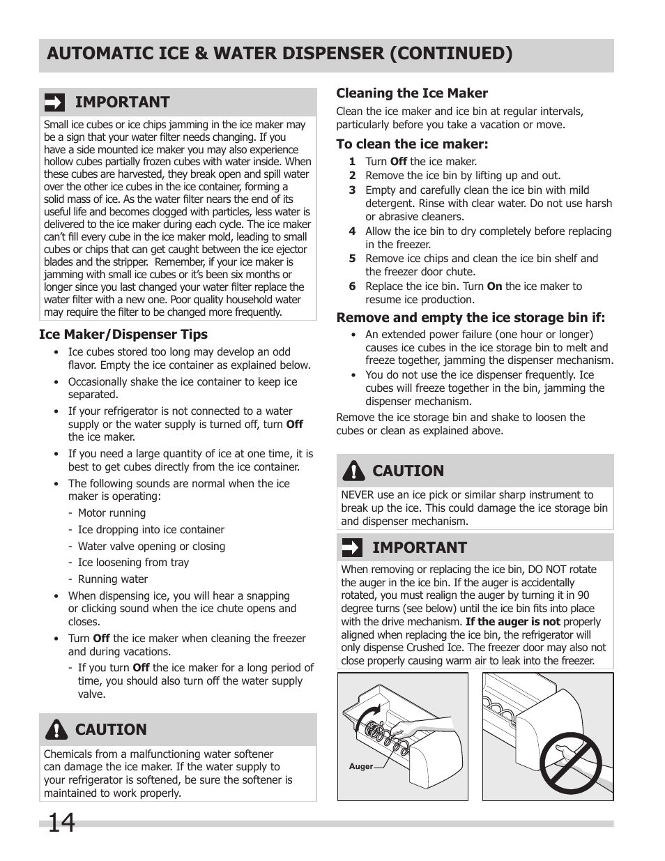 Automatic ice & water dispenser (continued), Caution, Important | FRIGIDAIRE FGUS2645LF User Manual | Page 14 / 20