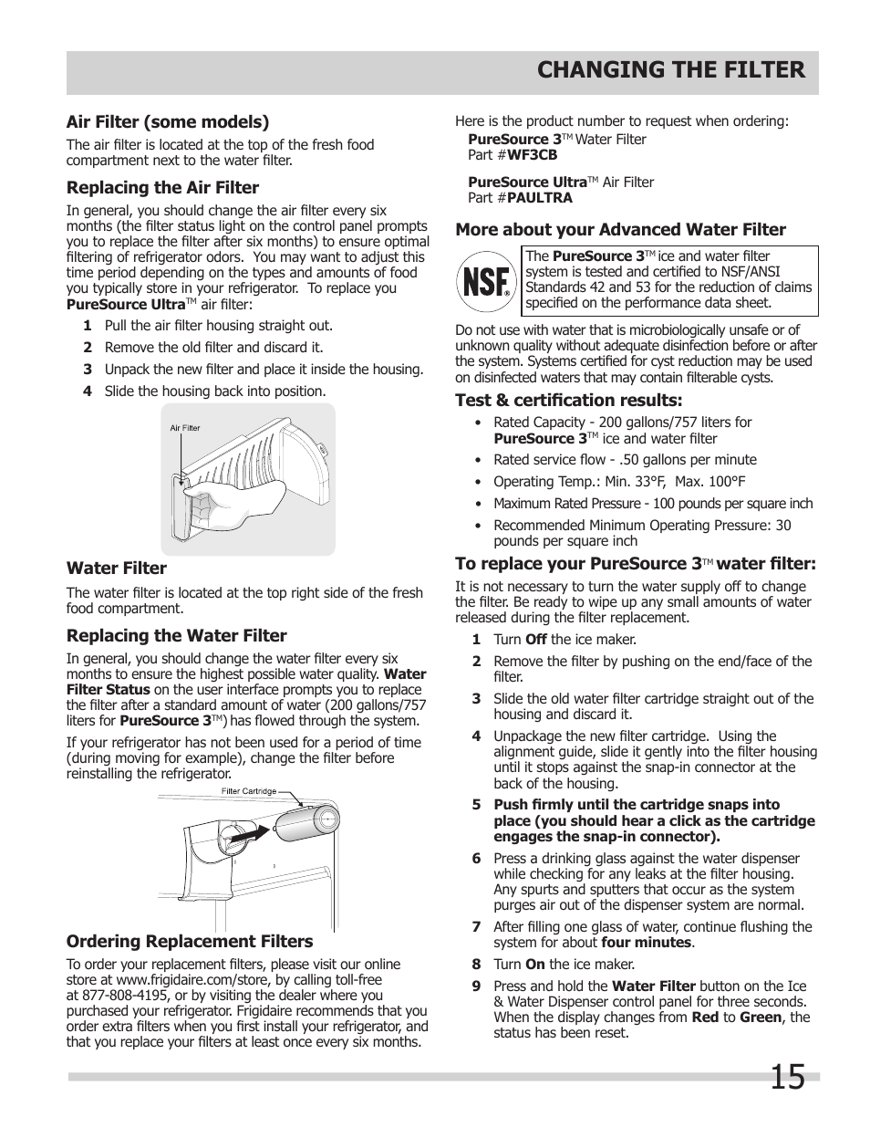 Changing the filter | FRIGIDAIRE FGUS2645LF User Manual | Page 15 / 20