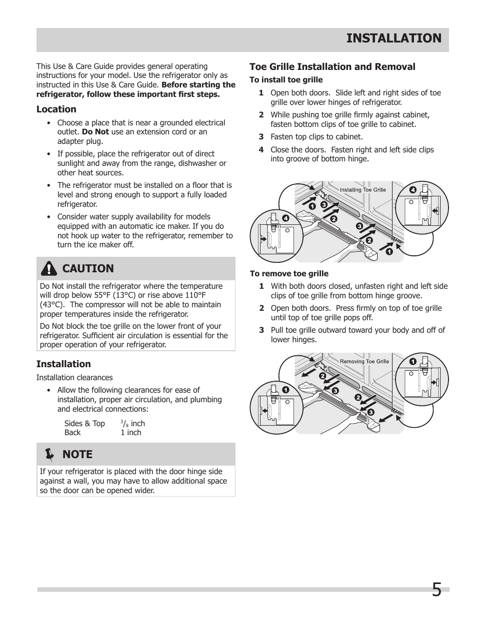 Installation, Caution | FRIGIDAIRE FGUS2645LF User Manual | Page 5 / 20