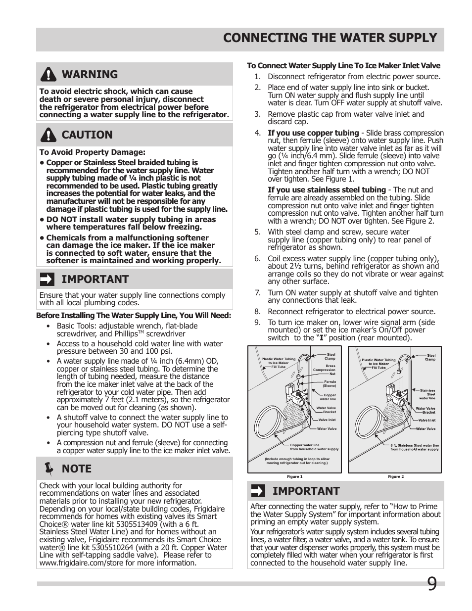 Connecting the water supply, Warning, Caution | Important | FRIGIDAIRE FGUS2645LF User Manual | Page 9 / 20