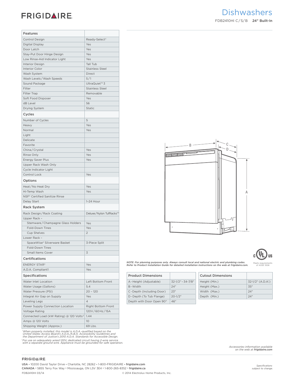 24" built-in dishwashers frigidaire baseline, Dishwashers | FRIGIDAIRE FDB2410HIS User Manual | Page 2 / 7