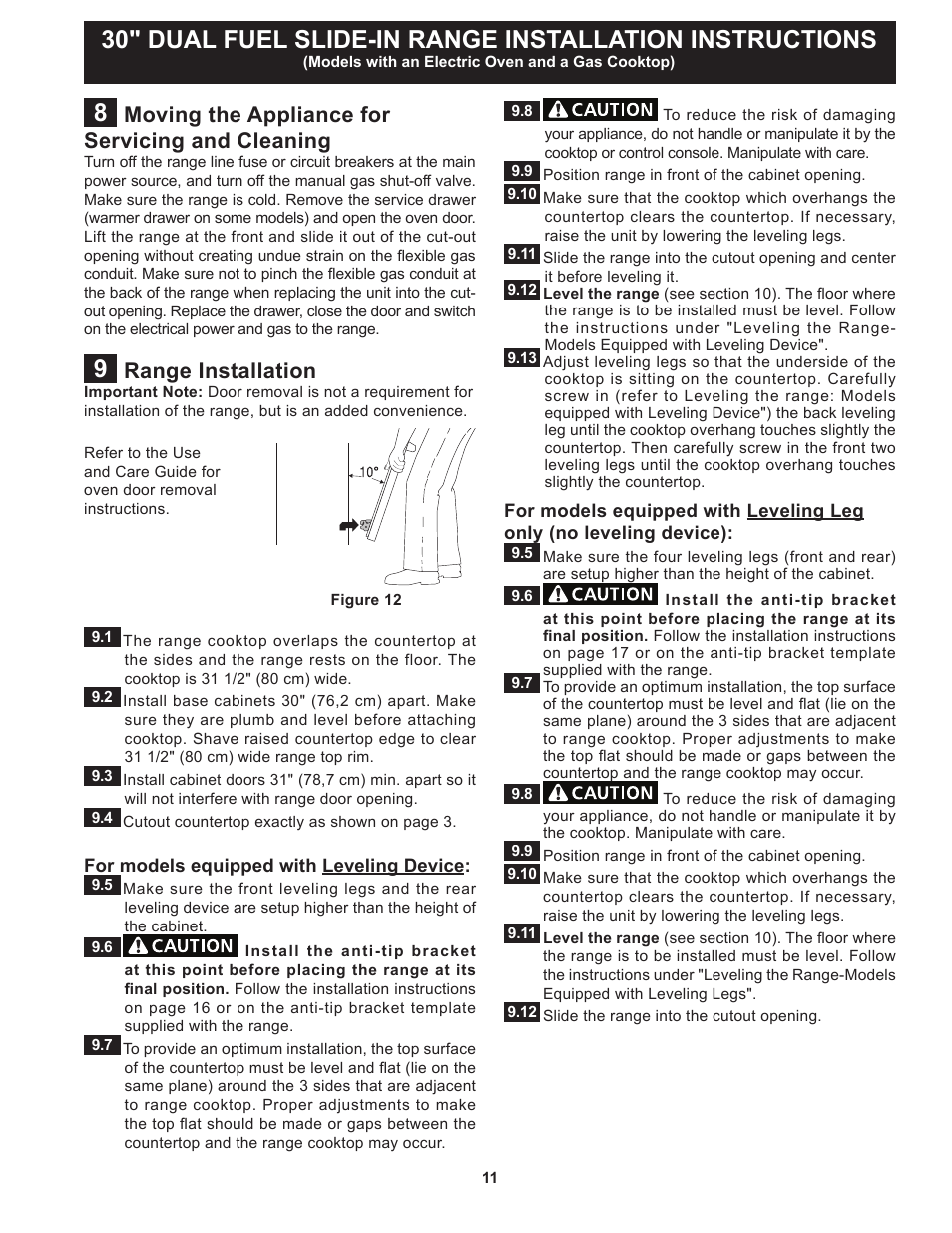 Moving the appliance for servicing and cleaning, Range installation | FRIGIDAIRE FPDS3085PF User Manual | Page 11 / 48