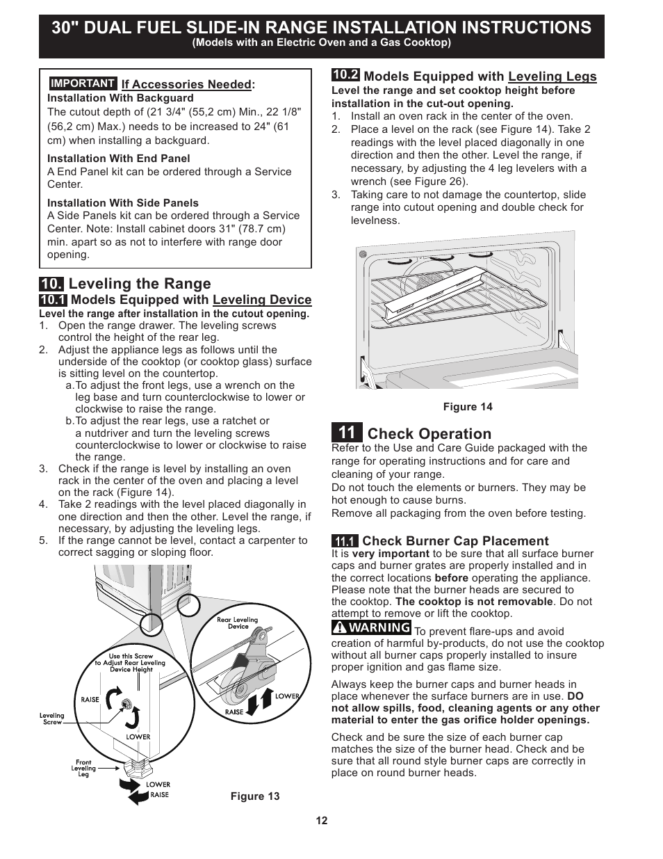 Check operation, Leveling the range | FRIGIDAIRE FPDS3085PF User Manual | Page 12 / 48