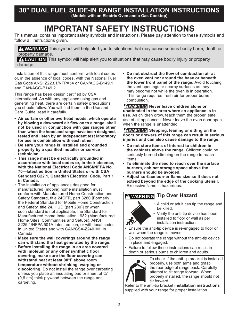 Important safety instructions, Tip over hazard | FRIGIDAIRE FPDS3085PF User Manual | Page 2 / 48