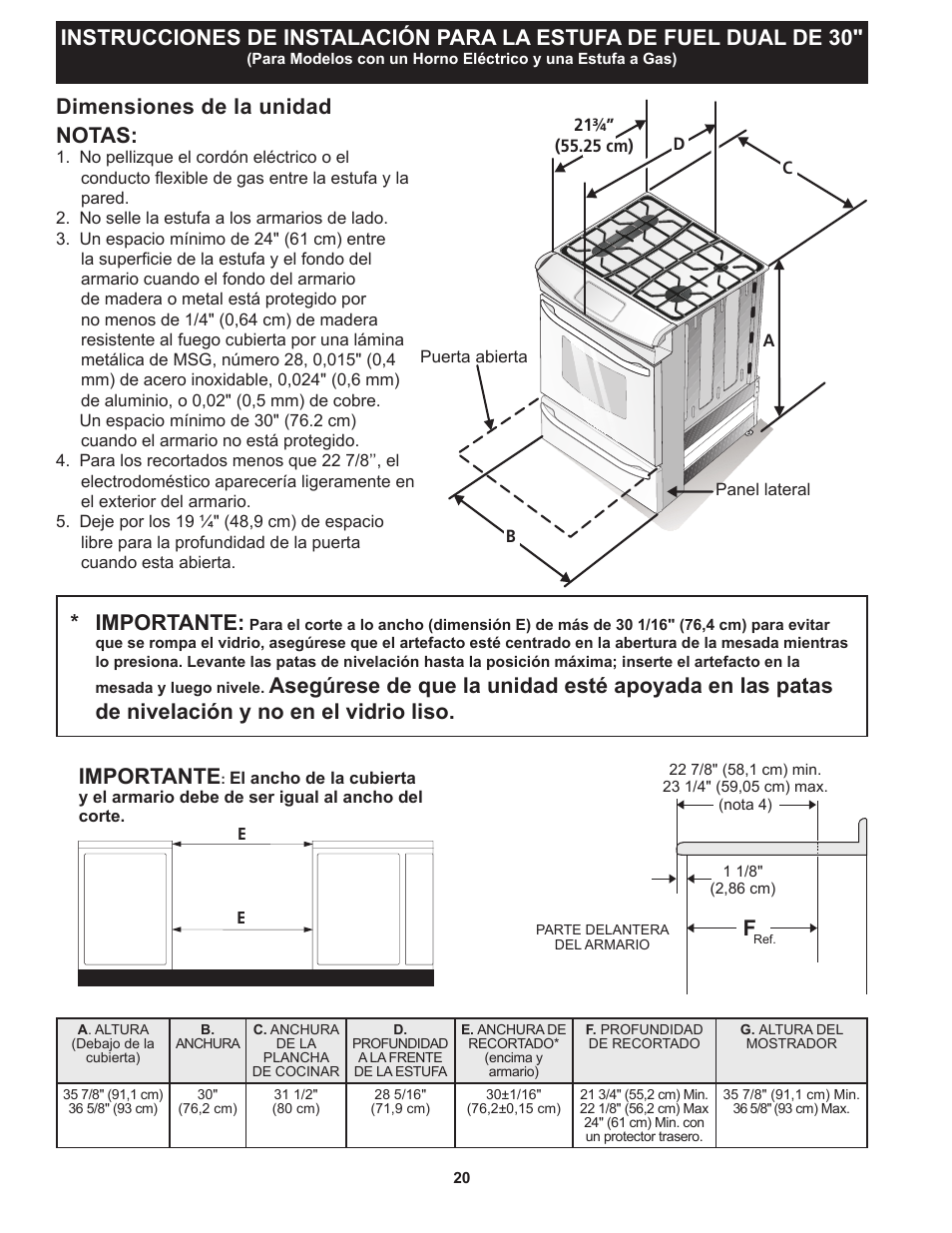 Notas, Importante, Dimensiones de la unidad | FRIGIDAIRE FPDS3085PF User Manual | Page 20 / 48